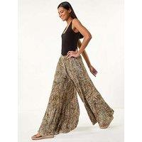 Roman Animal Print Tiered Palazzo Trouser - Brown