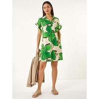 Roman Leaf Print Cocoon Shift Dress - Green