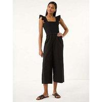 Roman Cotton Linen Blend Frill Jumpsuit - Black