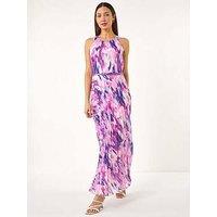 Roman Blurred Print Pleated Maxi Dress - Purple