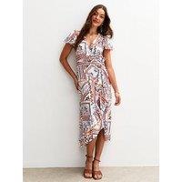 New Look White Tile Print Wrap Midi Dress