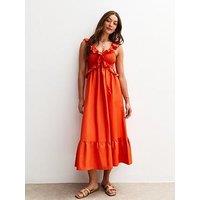 New Look Orange Ruffle Trim Tiered Hem Midi Dress