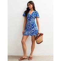 New Look Blue Floral Print V-Neck Mini Dress