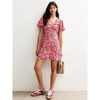 New Look Pink Floral Print V-Neck Mini Dress