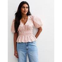 New Look Striped Shirred Waist Puff Sleeve Top - Pink