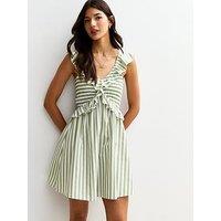 New Look Green Striped Print Ruffle Trim Shirred Mini Dress