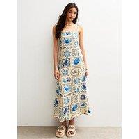 New Look Blue Tile Print Square Neck Midi Dress