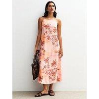 New Look Pink Palm Print Square Neck Midi Dress