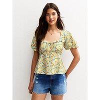 New Look Blue Crinkle Texture Orange Print Tea Blouse