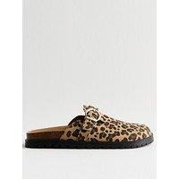 New Look Brown Leopard Print Suedette Buckled Clogs