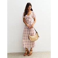 New Look Cream Check Print Ruffle Milkmaid Midi Dress