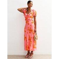 New Look Pink Floral Print Ruffle Trim Milkmaid Midi Dress