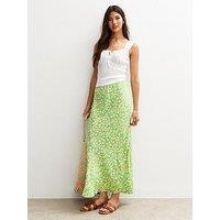 New Look Floral Lemon Print Bias Cut Midi Skirt - Green