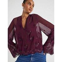 River Island Long Sleeve Chiffon Cutwork Blouse - Red
