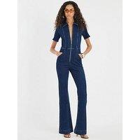 River Island Short Sleeve Johnson Seamed Zip Jumpsuit - Blue