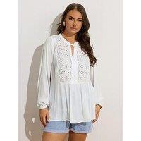 Yours Curve Broderie Tie Neck Blouse - White