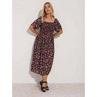Yours Curve Shirred Square Neck Dress - Black