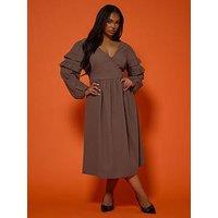 Yours Curve Textured Ruffle Dress - Brown
