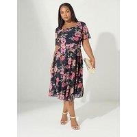 Yours Curve Floral Mesh Square Neck Dress
