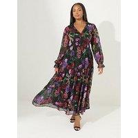 Yours Curve Floral Tiered Midi Dress - Black