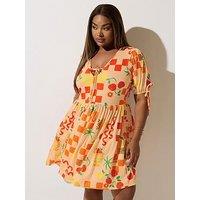 Yours Curve Tie Checkboard Print Dress - Natural