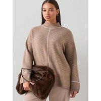 The Very Collection Curve Contrast Stitch Longline Jumper - Beige
