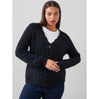 The Very Collection Curve V Neck Pointelle Knitted Cardigan - Navy