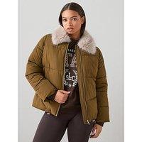 The Very Collection Curve Fur Collar Padded Coat - Green
