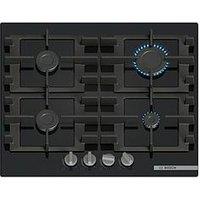Bosch Pnp6B6K40, 60Cm Gas Hob, 4 Burners, Front Control, 4 Dishwasher Suitable Cast Iron Pan Supports, New Standard Sword Dials, Tempered Glass