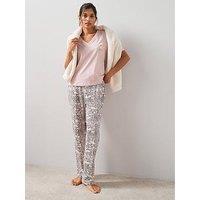 The Very Collection V Neck Matcha Mornings Short Sleeve Tshirt And Printed Wide Leg Pyjama Set - Pink