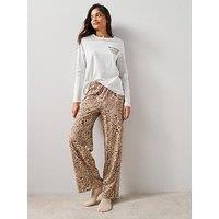 The Very Collection Long Sleeve Slogan Tshirt And Wide Leg Animal Print Pyjama Set - Cream