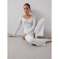 The Very Collection Pointelle Henley Disty Star Long Sleeve Top And Wide Leg Bottom - White