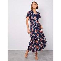Apricot Painterly Roses Wrap Maxi Dress - Navy