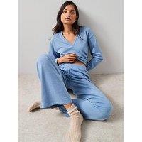 The Very Collection V Neck Long Sleeve Top And Wide Leg Loungewear Set - Blue