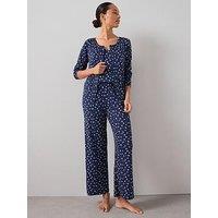 The Very Collection 3 Piece Ditsy Floral Jersey Long Sleeve Top, Cardigan And Wide Leg Pyjama Set - Blue