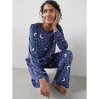 The Very Collection Soft Touch Long Sleeve Moon Print Wide Leg Pj Set - Navy