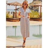 Sosandar Ivory & Black Striped Gold Button Detail Belted Dress