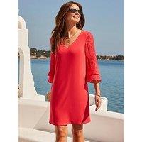 Sosandar Coral Textured Flutter Sleeve Shift Dress