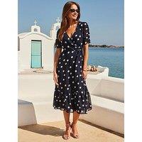 Sosandar Navy Blue & White Spot Print Belted Faux Wrap Dress
