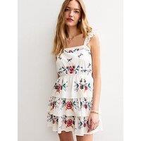 New Look White Tiered Floral Embroidered Mini Dress