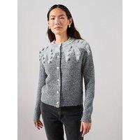The Very Collection Crew Neck Pom Pom Jacquard Cardigan - Grey