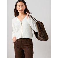 The Very Collection Fluffy V Neck Covered Button Cardigan - Cream