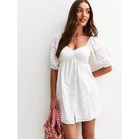 New Look White Striped Embroidered Sleeve Mini Dress