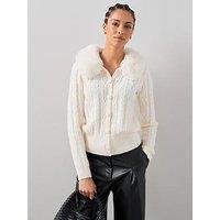 The Very Collection Detachable Fur Collared Cable Cardigan - Cream