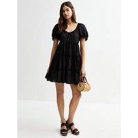 New Look Textured Check Tiered Mini Smock Dress - Black
