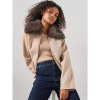 The Very Collection Faux Wool Harrington Jacket With Faux Fur Collar - Oatmeal