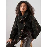 The Very Collection Pu Trim Faux Shearling Coat - Black