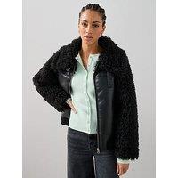 The Very Collection Faux Fur Shearling Trim Jacket - Black