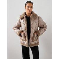 The Very Collection Diamond Quilt Coat With Faux Fur Trims - Mocha