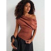 V By Very Off Shoulder Ruched Asymmetric Top - Brown